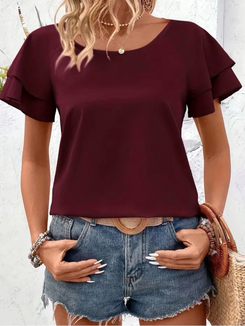 Women's Burgundy Ruffle Sleeve Top